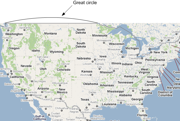 Map showing great circle on U.S.'s Northern border